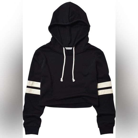 Black Cropped Hoodie with White Stripes - Picture 1 of 10